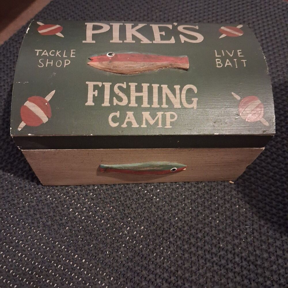Pike's Fishing Camp Wooden Decorative Box Trinket Storage Fish Decor